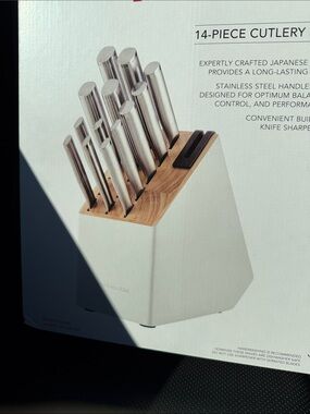 Stainless Steel 14-Piece Knife Set with White Wood Block